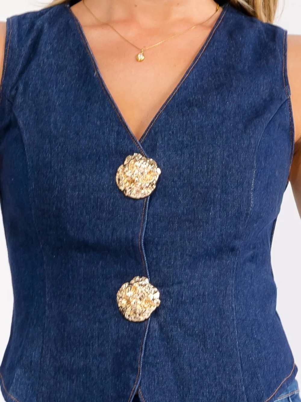 Denim V-Neck Buttoned Vest in Deep Indigo - Picture 4 of 4